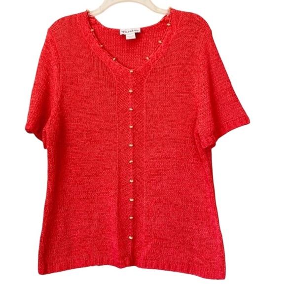TanJay Coral Open Weave With Beading Detail V-Neck Sweater Women's Size Large - Picture 3 of 14